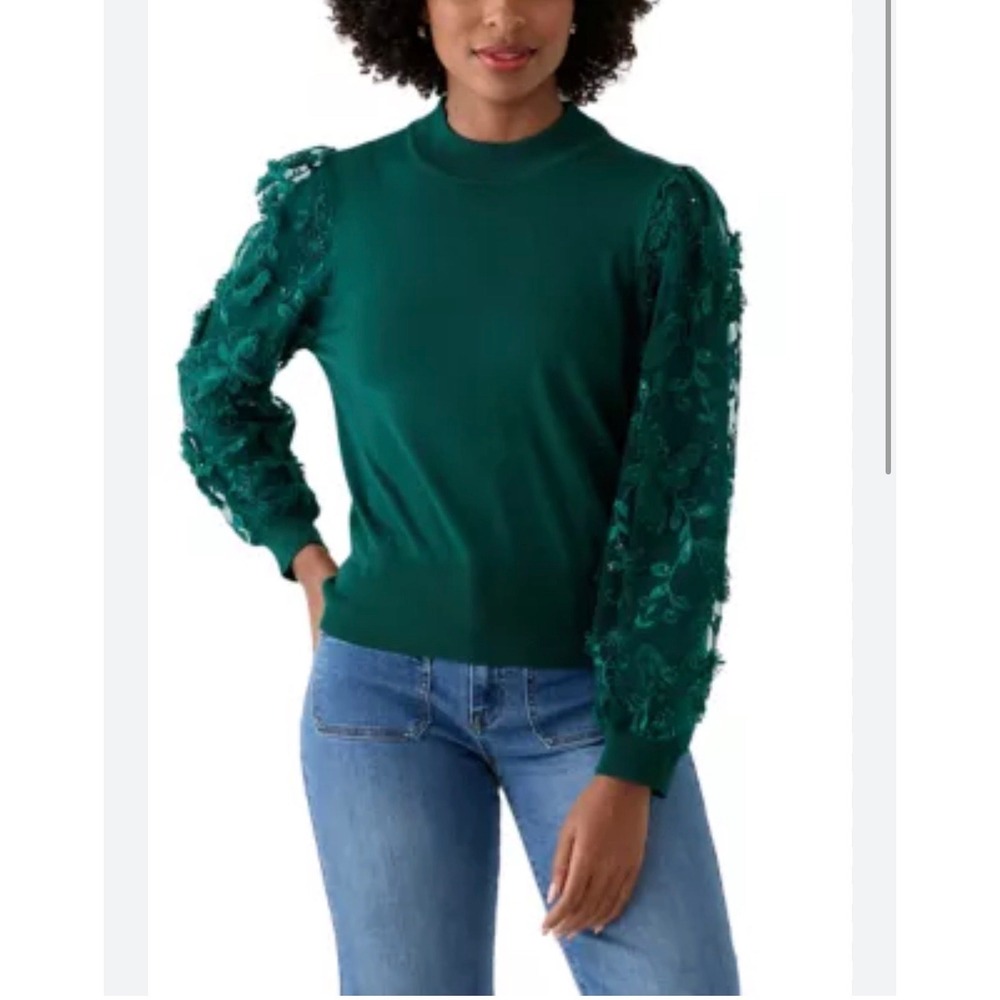 Joseph A Green Mock Neck Sweater Floral Embroidered Sequin Mesh Sleeve Large
